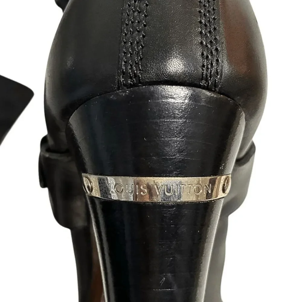 Louis Vuitton Monogram Logo Canvas + Leather Heeled Buckle Booties Black EU 36.5